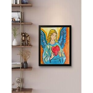 Original Signed 16x20 Acrylic Angel with Heart Rainbow Wings Folk Art Painting